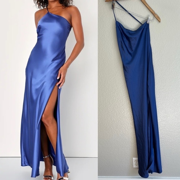 Flirtatious Evenings Blue Satin Asymmetrical Backless Maxi Dress - Picture 3 of 6